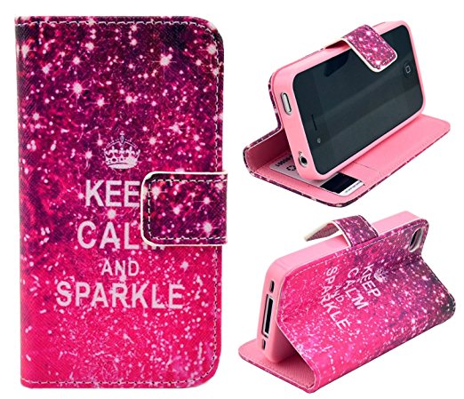 iphone 4 Case,iphone 4S Case, Welity Retro Keep Calm and Sparkle Printed Design Pu Leather with wallet Case for Apple iPhone 4/4S/4G and one gift