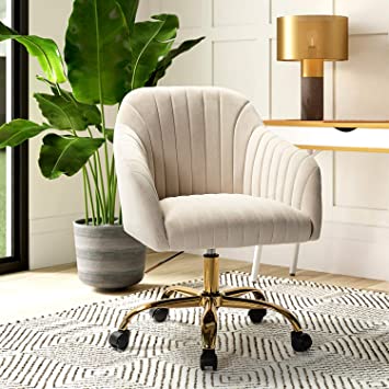 HULALA HOME Velvet Home Office Desk Chair, Modern Cute Computer Task Chair, Wheels Swivel Height Adjustable Upholstered Vanity Chair for Women, Girls (Gold Base, Tan)