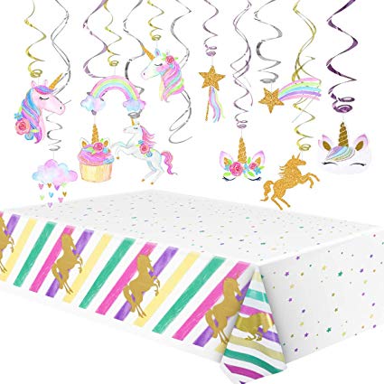 Litaus Unicorn Party Supplies, 30 CT Unicorn Hanging Swirls Decorations With Unicorn Tablecloth For Unicorn Party Decorations for Girls Birthday
