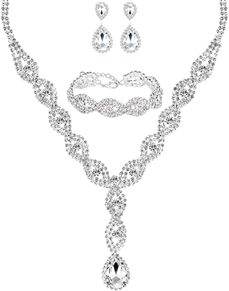 2-4 Pack Rhinestone Crystal Choker Necklace Tiara Crown Link Bracelet Teardrop Dangle Earrings Jewelry Sets for Women Girls