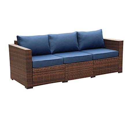 3-Seat Patio Wicker Sofa - Outdoor Rattan Couch Furniture w/Steel Frame and Blue Cushion