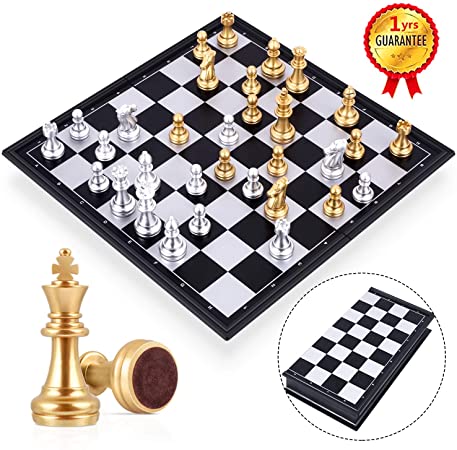 Peradix Magnetic Travel Chess Set with Folding Chess Board Great Educational Toys and Gifts Portable Board Game Fits for Both Adults and Kids (Golden-Silver)