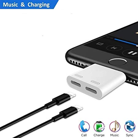 LYZZO Dual Port Jack Adapter Headphone Charge and Audio Splitter, 2 in 1 Earphone AUX Music Cable Charger Connect Compatible with iPhone X/8/8 Plus/7/7 Plus(White) (WhiteF)