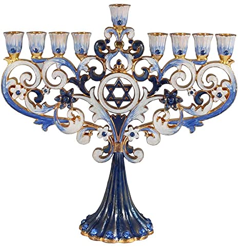 Zion Judaica Menorah Jeweled and Gold Plated Tree Fleur De Lis (Classic Blue)