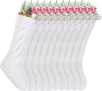Kunyida Christmas Stockings Bulk, 18 Inch White Cable Knitted Stockings for Xmas Holiday Decoration, 10 Pack