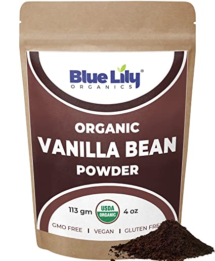 Blue Lily Organics Vanilla Bean Powder - USDA Organic, 100% Pure Ground Madagascar Vanilla Powder For Baking, Coffee, Cooking & Additional Flavoring - Unsweetened, Free of Gluten, Dairy, and Soy - 4 oz