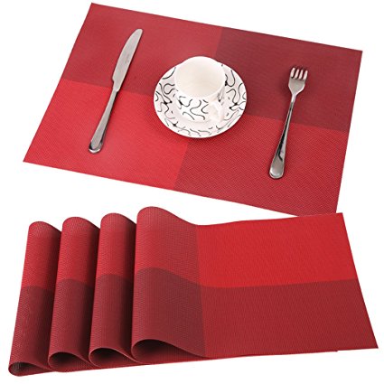 Famibay PVC Place Mats - Heat Insulation PVC Placemats Stain-resistant Woven Vinyl Table Mats for Kitchen Set of 4 - 30x45 cm (Red)