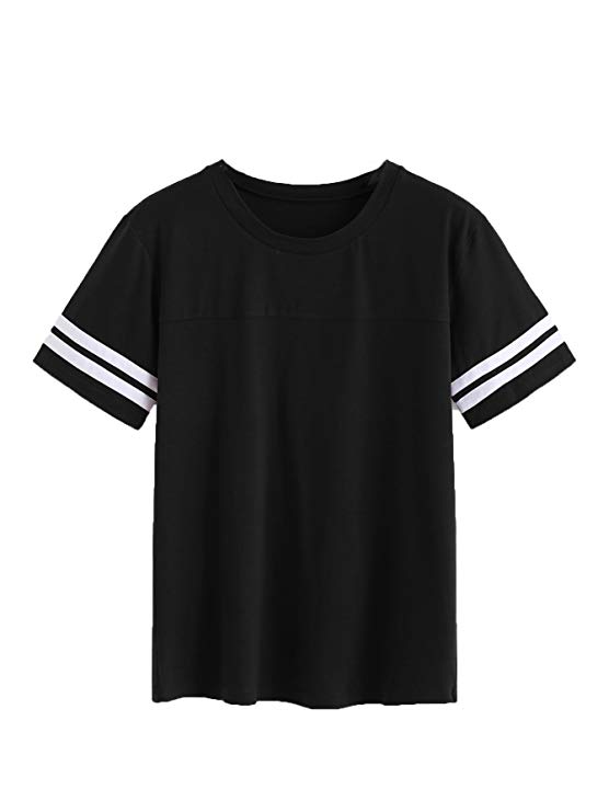 Romwe Women's Casual Striped Contrast Short Sleeve Round Neck Top Tee T-Shirt