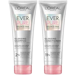 L'Oreal Paris Glossing Sulfate Free Shampoo and Conditioner Set with Glycolic Acid, Hair Care for Lasting Shine and Smoothness for Dull, Dry Hair, EverPure, 1 Kit