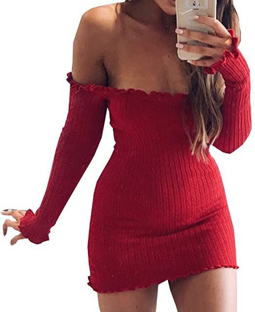QUNNDY Women Long Sleeve Sexy Off Shoulder Club Dress Slim Bodycon Knitted Sweater Mini Party Night Dresses Vestidos