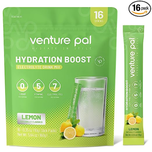 Venture Pal Hydration Boost Electrolyte Powder Packets - Drink Mix for Rapid Hydration & Party Recovery | 0 Sugar, 5 Vitamins, 7 Electrolytes| Keto Friendly | Non-GMO | Certified Vegan | 16 Sticks