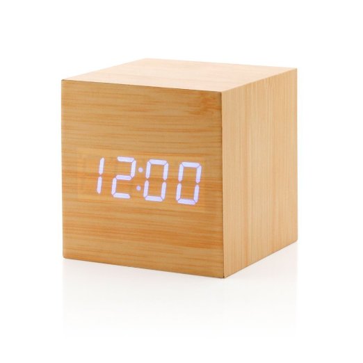 Yopih Ultra Modern Wooden LED Digital Alarm Cube Clock Thermometer Timer Calendar Bamboo