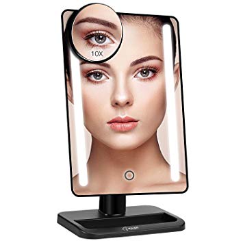 BESTOPE 24 LED Makeup Mirror 12 inch Larger Lighted Mirror, Detachable 10X Magnifying Mirror, Dimmable Touch Sensor Switch, 180° Adjustable Rotation, Dual Power Supply