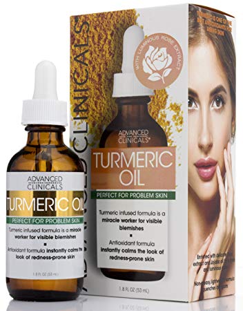 Advanced Clinicals Turmeric Oil for face. Antioxidant formula with Rose Extract and Jojoba oil for dry skin, redness, and skin blemishes. Large 1.8oz glass bottle with dropper.