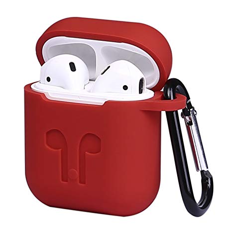 HDE Silicone Case for AirPods Protective Silicone Cover Skin for Apple AirPods Charging Case with Carabiner Keychain Belt Clip (Red)