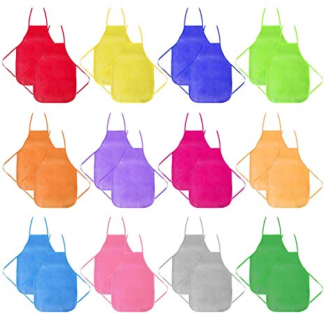 24 Pack 12 Colors Children's Artists Fabric Aprons-Kitchen, Classroom, Community Event, Crafts & Art Painting Activity-Safe Clean for Kids Painting Apron