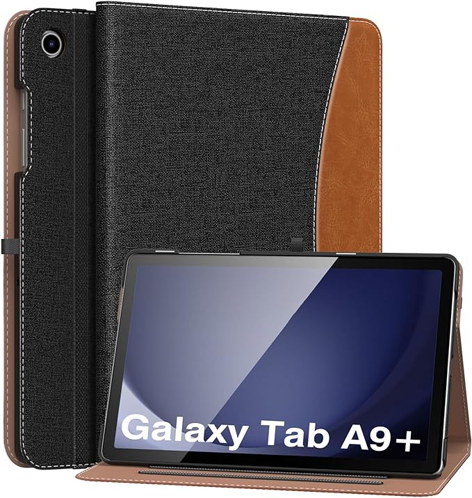 MoKo Case for Samsung Galaxy Tab A9 Plus 11" 2023 (SM-X210/SM-X216/SM-X218), PU Leather Multi-Angle Viewing Folding Stand Cover Case with Hand Strap, Front Pocket, Auto Wake/Sleep, Demin Black & Brown