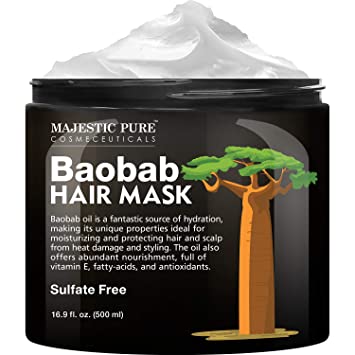 Baobab Hydrating Hair Mask by Majestic Pure - Nourishing, Smooths Fizzy Hair, Luxurious Glow, Silky Shine, Sulfate Free - Helps Damaged Hair and Promotes Scalp Health - 16.9 fl oz