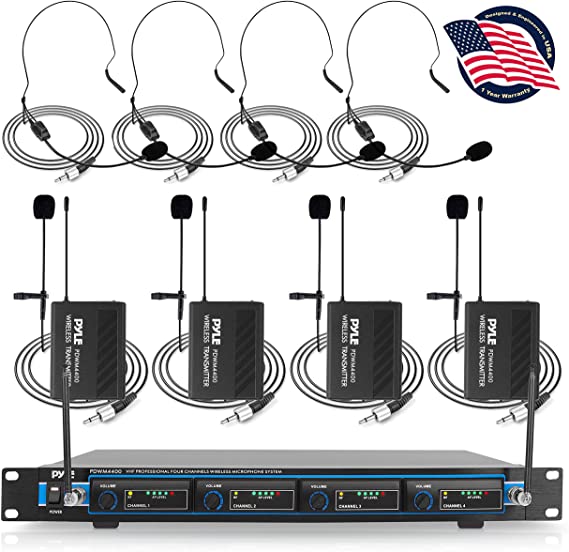 4 Channel Wireless Microphone System - Professional VHF Audio Mic Set with 1/4", XLR Jacks - 4 Headset and 4 Clip Lavalier Lapel Mic, 4 Transmitter, Receiver - For Karaoke, PA, DJ - Pyle PDWM4400