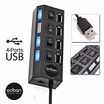 4 Port USB 2.0 Hub with Individual Power Switches and LEDs On Off Switch Design Slim Compact Lightweight Fast Communication For PC Linux Mac Windows Smarts Tvs Accessory Gift Travel GREAT PRICE OCBAN