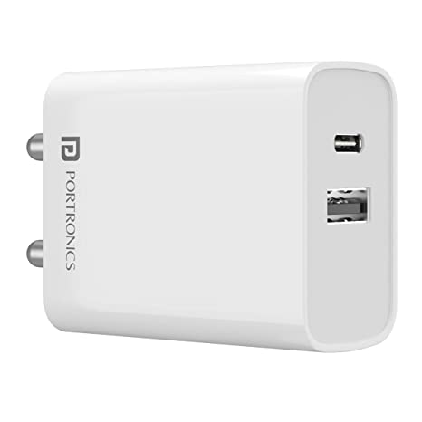 Portronics Adapto 70 33W Fast Charger Adapter with Dual Output (USB   Type C) Supports PPS Charging Via Type C Port, VOCC 2.0, Super VOCC 2.0, 27W Dash, Warp 27W, Dart, Super Dart 27W(White)