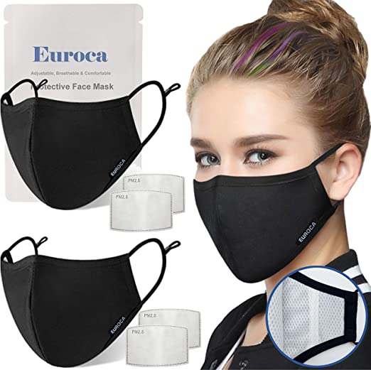 Euroca Reusable Face Masks with Filter Made from Cotton Fabric Breathable Washable with Nose Clips Adjustable Ear Loop Filters for Men Women Teens (2 Pack Woman Black)
