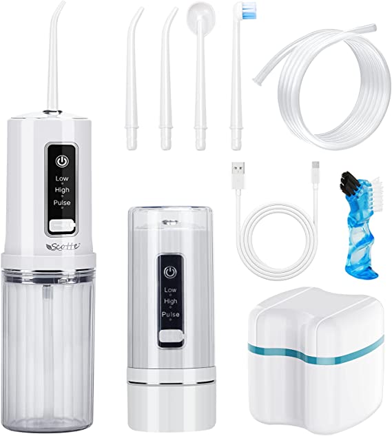 Scotte Water Flosser Cordless Foldable Oral Irrigator 3 Modes 4 Jet Tips Rechargeable Water Dental Flosser with Toothbrush Head and Denture Case Portable Water Teeth Cleaner Kit for Home or Travel
