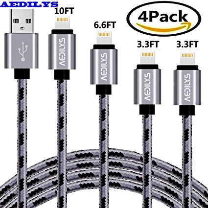 iPhone Charger, AEDILYS Lightning Charger 4 Pack [10FT 6FT 6FT 3FT] Long Nylon Braided Charging Cable Cord Lightning to USB Cable Charger for iPhone 8/ plus 7/ 6s/ 6/5se/ 5s/ 5c/ 54-1