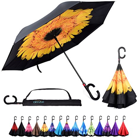 Auto-Open Reverse Folding Umbrella for Rain, Sun & Car by Dryzle - Double Layered UV Umbrellas for Women and Men, C Hook Handle for Golf & Sports