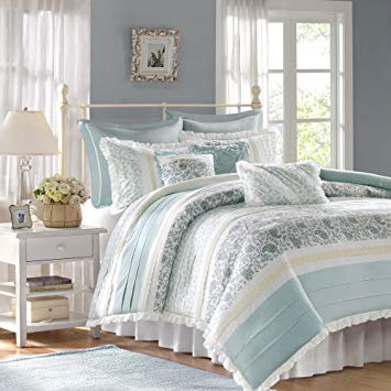 Madison Park Dawn Duvet Cover Cal King Size - Aqua , Floral Shabby Chic Duvet Cover Set – 9 Piece – 100% Cotton Percale Light Weight Bed Comforter Covers