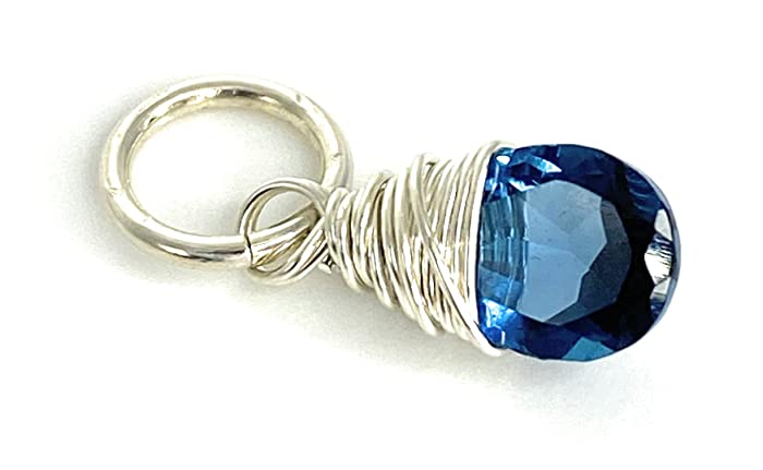 Small Imitation September Birthstone Pendant Charm for Necklace Bracelet or Earrings - Sterling Silver Wire Wrapped Blue Gemstone