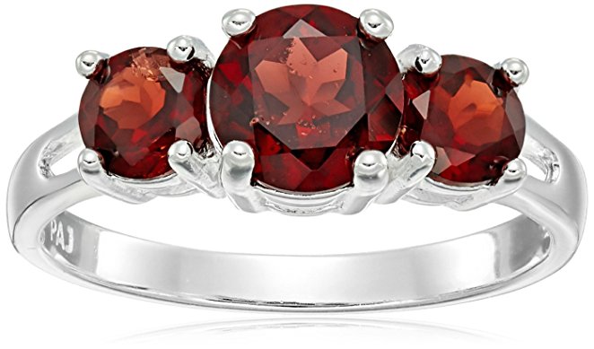 Sterling Silver Genuine Garnet Three Stone Ring