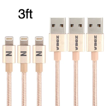 ZGEM® 3Pack 3FT / 1M Lightning Cable, Nylon Braided 8-Pin Lightning Data Sync & Charger USB Cable For iPhone SE / 6 / 6 Plus / 5S, iPad Air / Air2, iPad Mini3 Mini4, iPad Pro And More (Gold)
