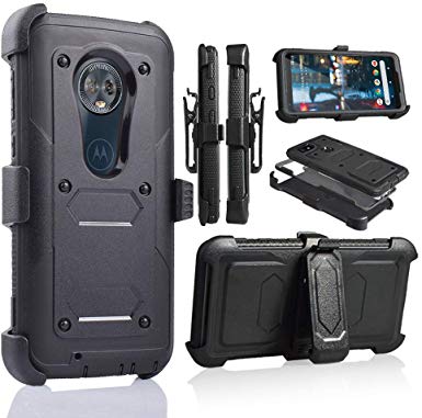for Moto G6, Motorola G6 16gb 32gb Phone Case with Built in Screen Protector Shockproof Armor Hard Case Kickstand Holster Belt Clip (Black)
