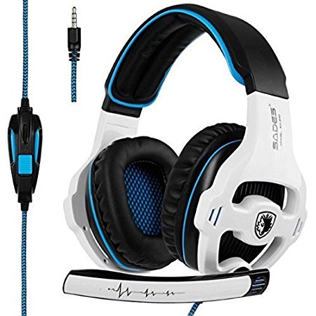 Sades SA810 Over-Ear Stereo Bass Gaming Headset with Noise Isolation Microphone for Xbox One PC PS4 Laptop Phone(White Blue)