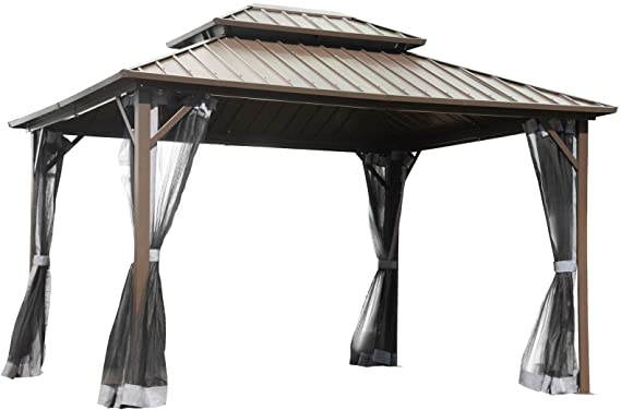 Outsunny 12'x 10' Double Roof Hardtop Patio Gazebo with 4 Side Nettings, Aluminum Frame,Galvanized Steel Top for Backyard Deck