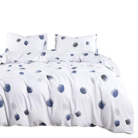 Wake In Cloud - Navy Blue and White Duvet Cover Set, 100% Cotton Bedding, Watercolor Brush Painting Dots Pattern Printed, with Zipper Closure (3pcs, Twin Size)