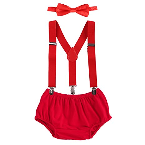 Baby Boys First Birthday Adjustable Y Back Elastic Clip Suspenders Cake Smash Outfit Tuxedo Pre-tied Bloomers Bowtie set