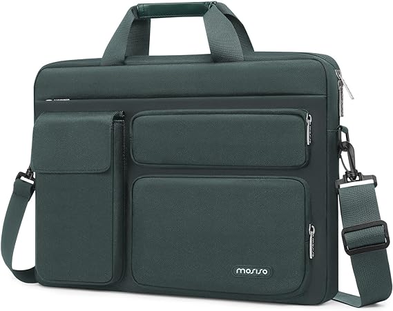 MOSISO Laptop Shoulder Messenger Bag Compatible with MacBook Air 15 inch M2 A2941 2023/Pro 16 2023-2019, 15-15.6 inch Notebook with 2 Raised&1 Flapover&1 Horizontal Pocket&Handle&Belt, Emerald Green