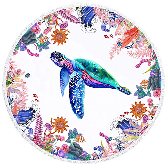 YAXIUFEN 29 Options Thick Soft Super Water Absorbent Multi-Purpose 60 inch 3D Printing Large Round Beach Towel Circle Picnic Carpet Yoga Mat Blanket with Tassels (Colorful Sea Turtles)