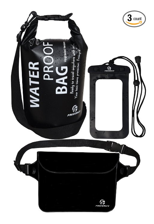 Waterproof Dry Bags Set Of 3 By Freegrace - Dry Bag With 2 Zip Lock Seals & Detachable Shoulder Strap, Waist Pouch & Phone Case - Can Be Submerged Into Water - For Swimming, Kayak, Rafting & Boating