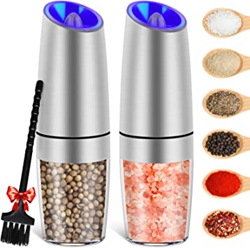 MOVNO Gravity Electric Salt and Pepper Grinder Set of 2 with Blue LED Light, Battery Powered Pepper Automatic Mill Grinder with a Brush, Adjustable Coarseness, One Hand Operation, Silver 2 pack