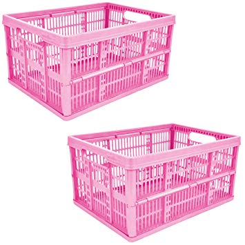 2 x 32L Plastic Folding Storage Container Basket Crate Box Stack Foldable Portable PINK