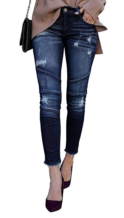 Misassy Womens Juniors Distressed Ripped Destroyed Jeans Skinny Moto Leggings with Frayed Hem