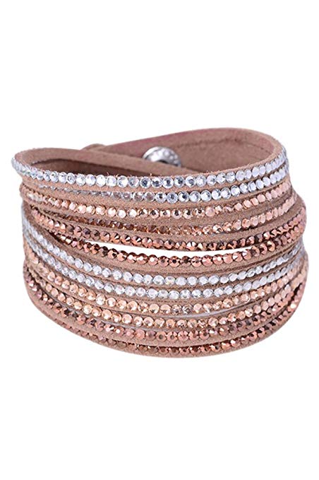 TOOGOO(R) Women Multilayers Rhinestones Cuff Wrap Faux Leather Bracelet Light Coffee