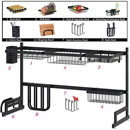 Above Sink Dish Rack - Kitchen Sink Drying Rack - Over The Sink Dish Drainer - Stainless Steel Black