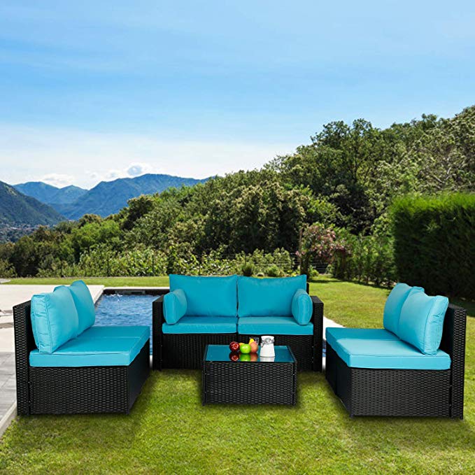 Aclumsy 7 Pieces Patio PE Rattan Sofa Set Outdoor Sectional Furniture Wicker Chair Conversation Set with Cushions and Tea Table Blue