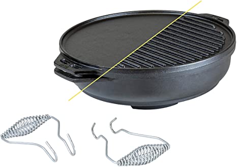 Lodge Cast Iron Cook-It-All Kit. Five-Piece Cast Iron Set Includes a Reversible Grill/Griddle 14 Inch, 6.8 Quart Bottom/Wok, Two Heavy Duty Handles, and a Tips & Tricks Booklet.