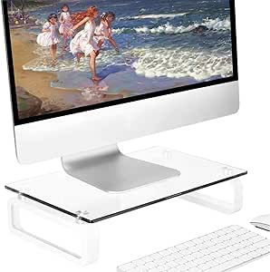 Clear Computer Monitor Stand Riser Multi Media Desktop Stand for Flat Screen LCD LED TV, Laptop/Notebook, with Tempered Glass and Metal Legs, HD02T-001P