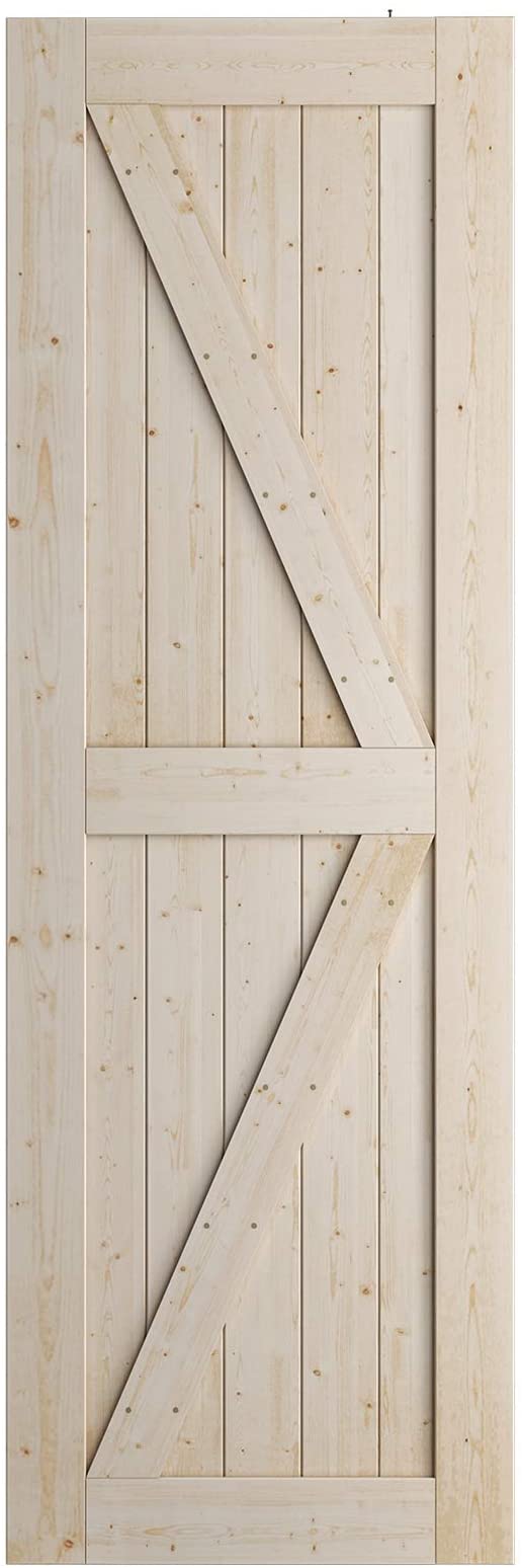 SmartStandard 28in x 84in Sliding Barn Wood Door Pre-Drilled Ready to Assemble, DIY Unfinished Solid Spruce Wood Panelled Slab, Interior Single Door Only, Natural, K-Frame (Fit 4FT-5FT Rail)